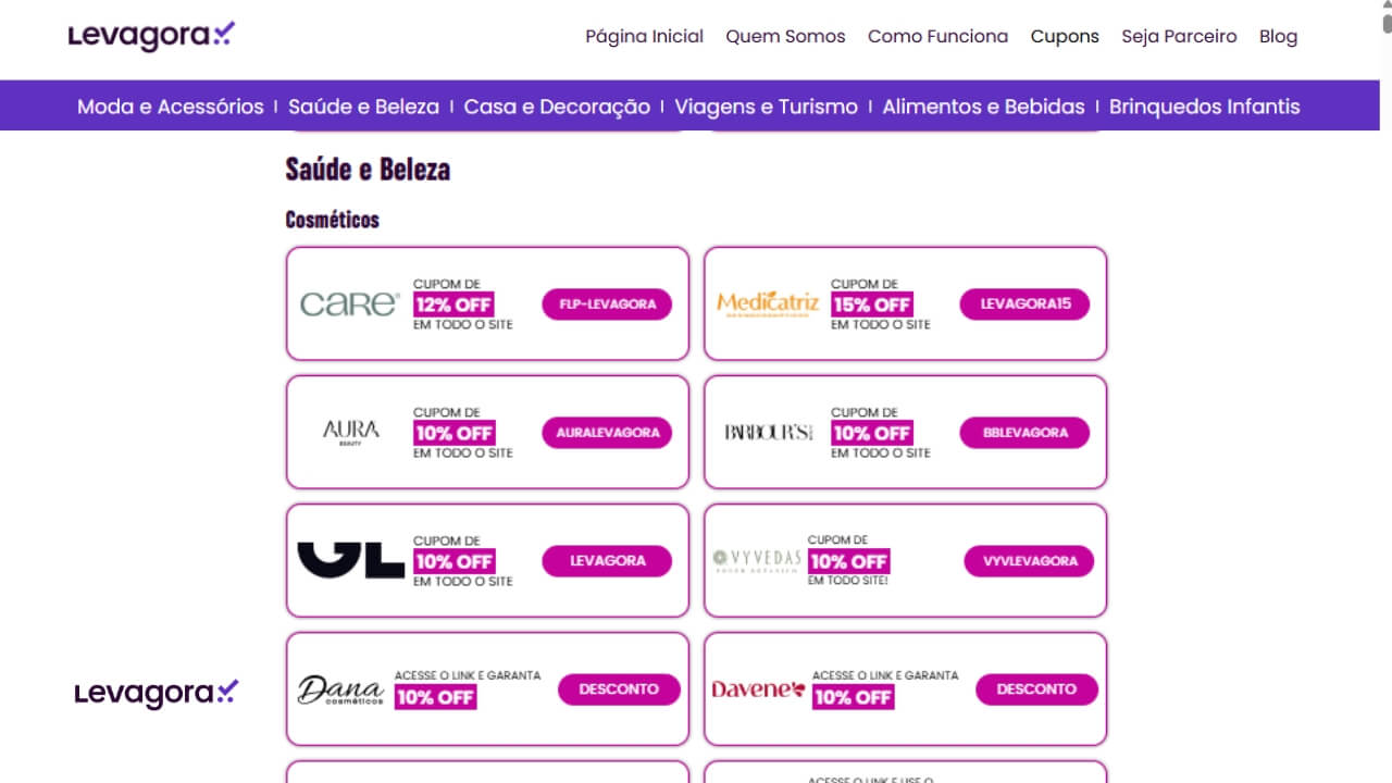 Cupons exclusivos na Levagora