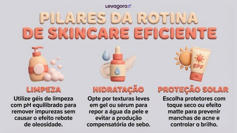 Mulher jovem de pele clara e cabelos castanhos presos observa seu perfil em um espelho circular. Ela veste um roupão branco e toca o queixo com o indicador, evidenciando marcas de acne e inflamação na bochecha e mandíbula.