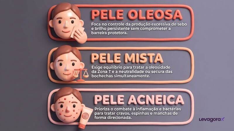 Identificar o Tipo de pele Skincare para Pele Oleosa, Mista e Acneica - Infográfico com ilustrações em 3D de rostos estilizados para explicar tipos de pele. No topo, "Pele Oleosa" mostra um personagem usando um lenço anti-oleosidade; no meio, "Pele Mista" apresenta um rosto dividido com uma balança de equilíbrio; na base, "Pele Acneica" mostra um rosto com espinhas e um tubo de creme. Cada seção contém um breve texto explicativo sobre os cuidados necessários para cada condição.