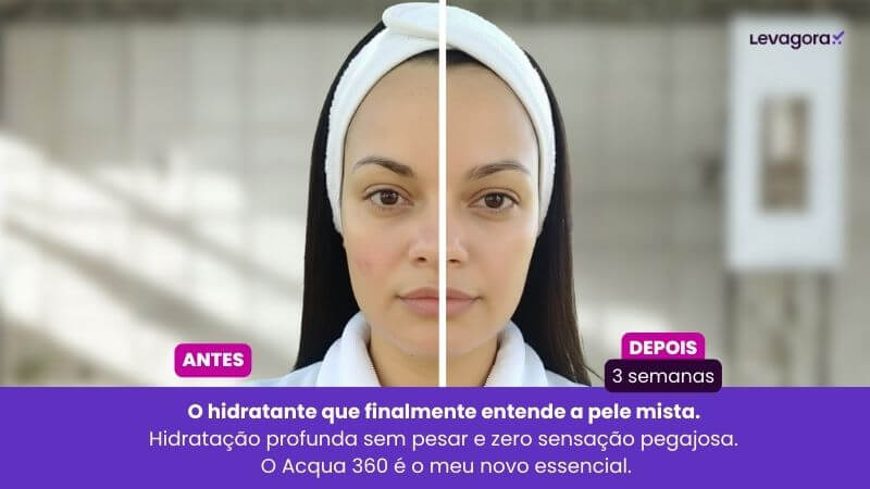 Antes e depois com hidratante Bisyou em 3 semanas Antes e depois de 3 semanas de uso do hidratante Bisyou, mostrando melhora na textura da pele, mais viço, hidratação e redução de linhas finas no rosto.