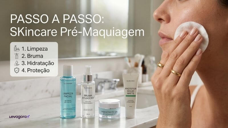 Passo a Passo: A Rotina de Skincare Pré-Maquiagem Ideal Uma imagem composta que serve como um guia de rotina de skincare. À esquerda, uma sobreposição de texto em português diz "PASSO A PASSO: SKincare Pré-Maquiagem" com uma lista numerada: 1. Limpeza, 2. Bruma, 3. Hidratação, 4. Proteção. Abaixo, há quatro produtos de beleza da marca "ELOVANA" em uma bancada de mármore. À direita, um close do rosto de uma mulher usando um disco de algodão na bochecha, com anéis dourados nos dedos. Um pequeno logotipo "Levagora" está no canto inferior esquerdo.