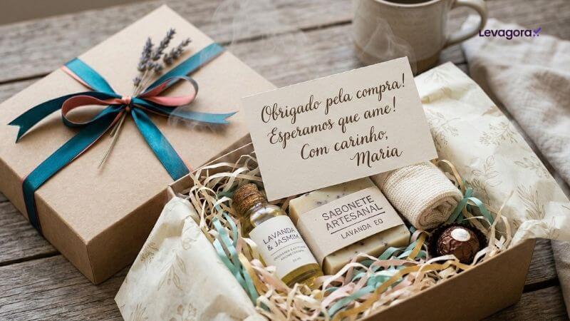 Unboxing perfeito Uma caixa de presente de papel kraft aberta, com fita azul-petróleo e flores de lavanda seca na tampa, contém itens de banho artesanais. O interior inclui um pequeno frasco de óleo, sabonete em barra e um bombom Ferrero Rocher, tudo sobre papel picado colorido. Uma carta com a mensagem "Obrigado pela compra! Esperamos que ame! Com carinho, Maria" está apoiada na borda da caixa. Ao fundo, sobre a superfície de madeira, vê-se uma caneca de cerâmica.