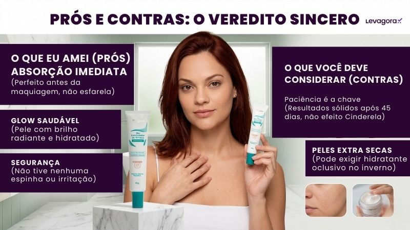 Bio Estimulador de Firmeza da Bisyou - Prós e Contras: O Veredito Sincero. Infográfico comparativo intitulado "Prós e Contras: O Veredito Sincero". No centro, a mesma mulher segura o produto ao lado de um suporte de mármore. Do lado esquerdo, colunas roxas listam os pontos positivos: absorção imediata, brilho saudável e segurança para peles reativas. Do lado direito, os pontos de atenção: necessidade de paciência para resultados (45 dias) e cuidado com peles extra secas no inverno. Inclui o logotipo "Levagora" e pequenos detalhes visuais de textura de pele e um pote de creme.