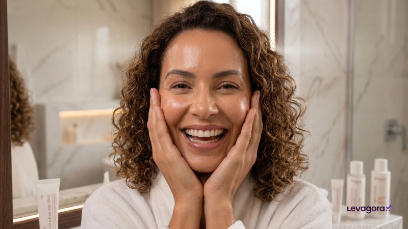 Benefícios do creme para área dos olhos Bisyou na hidratação e firmeza da pele Mulher sorrindo com pele hidratada após uso de creme para área dos olhos Bisyou durante rotina de skincare