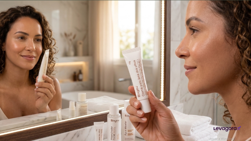 Creme para área dos olhos Bisyou sendo aplicado na rotina de skincare Mulher aplicando creme na área dos olhos Bisyou em frente ao espelho durante rotina de skincare