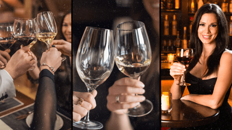 Pessoas Celebrando com Taças de Vinho Montagem fotográfica de amigos brindando e celebrando com vinho, representando o uso de kits de vinho em eventos sociais e corporativos.